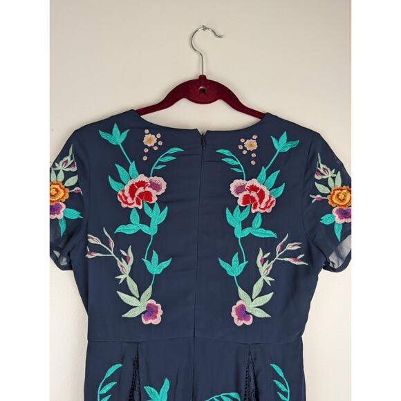 Frick And Frill Navy Floral Embroidered Sheer‎ Lace Maxi Dress Sz 10 - Picture 12 of 14